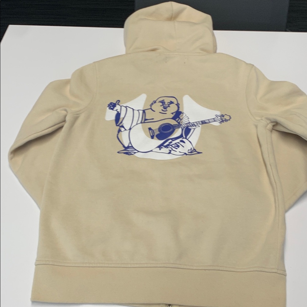 True Religion Cream Hoodie Buddha with Blue Logo Size Small